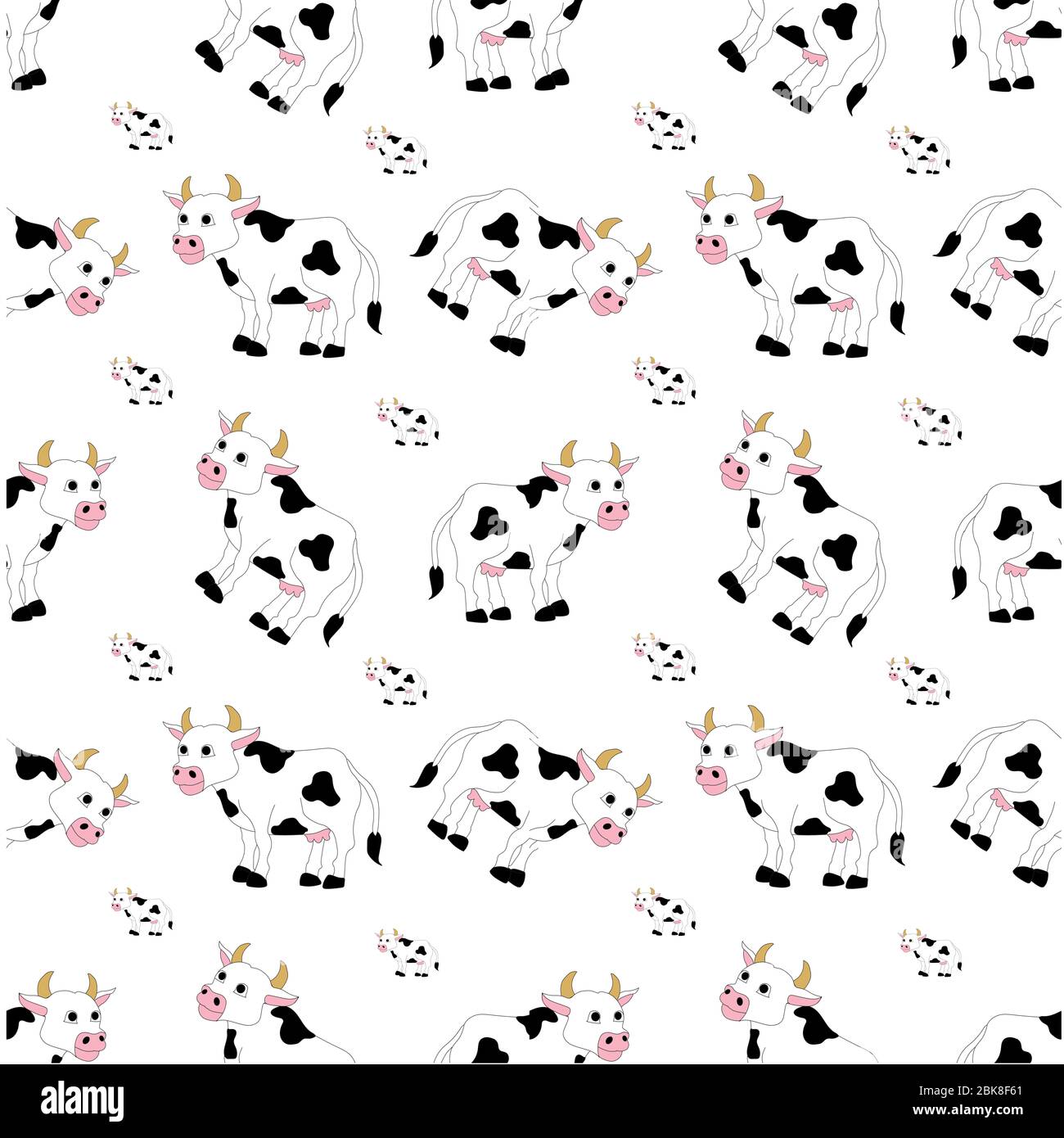 Des vaches de dessin animé illustrées sur blanc dans un modèle répétitif sans couture. Banque D'Images
