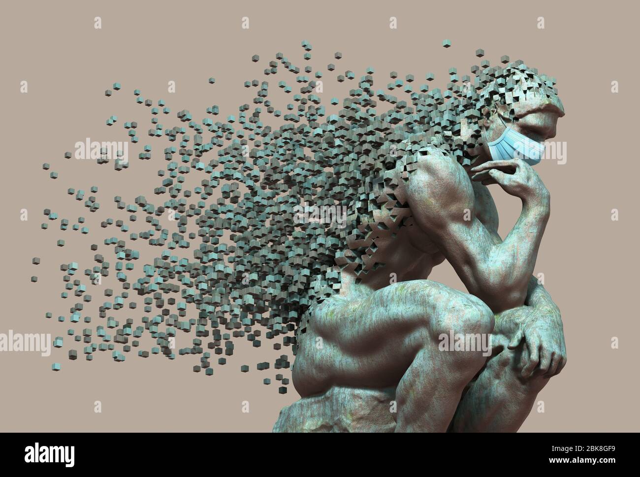 Cooper Thinker dans le masque médical déintégré dans les pixels tridimensionnels Banque D'Images