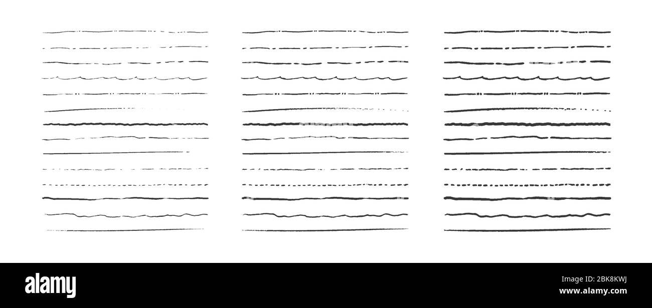 Jeu de lignes, séparateurs tracés à la main, bouées de gribouille, différentes bandes de pinceau d'épaisseur. Cadre vectoriel et élément de bordure. Illustration de Vecteur