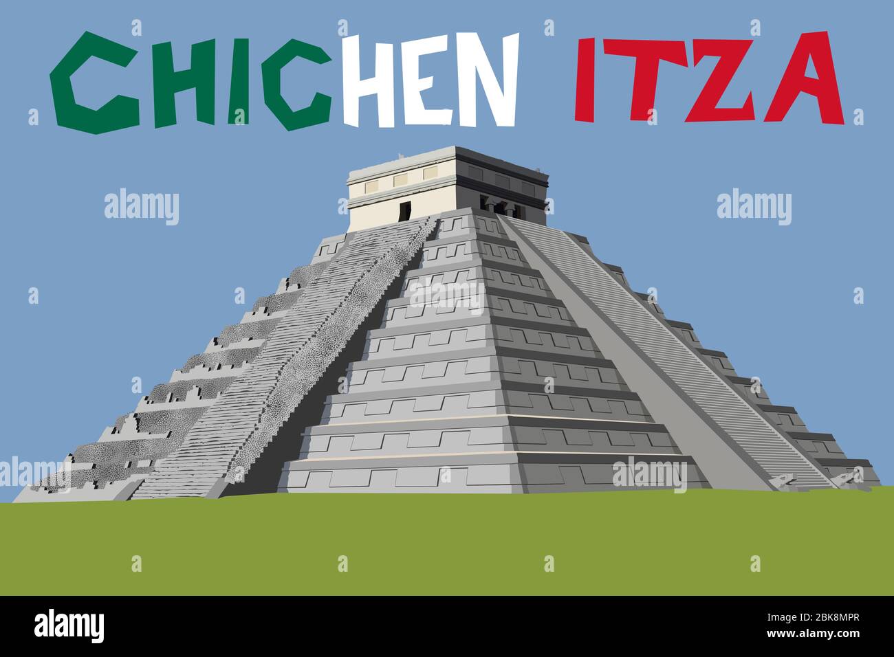 Graphique vectoriel détaillé et naturaliste de la pyramide Chichen Itza sur la péninsule du Yucatan, Mexique, Amérique centrale Illustration de Vecteur