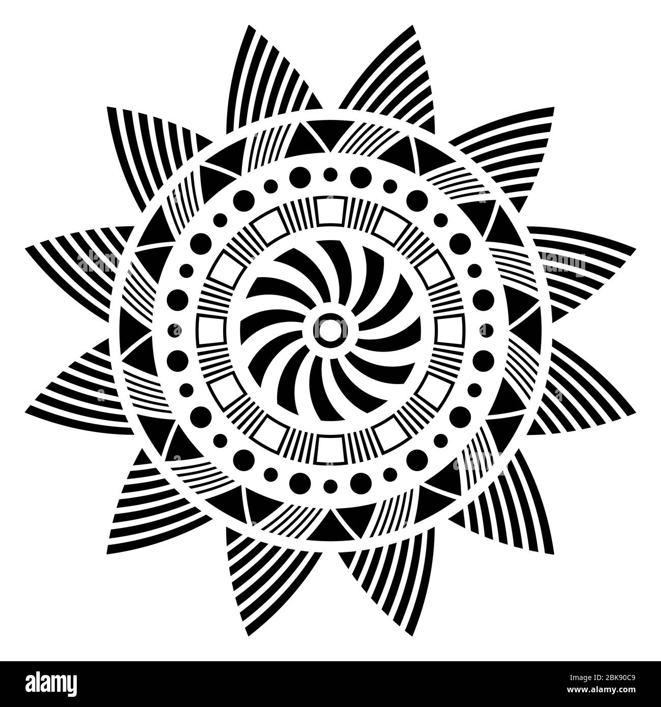 Résumé L'ornement circulaire. Mandala ethniques. Symbole de soleil stylisé. Rosette d'éléments géométriques. Motif ethnique Tribal. Tatouage pochoir et imprime. Illustration de Vecteur