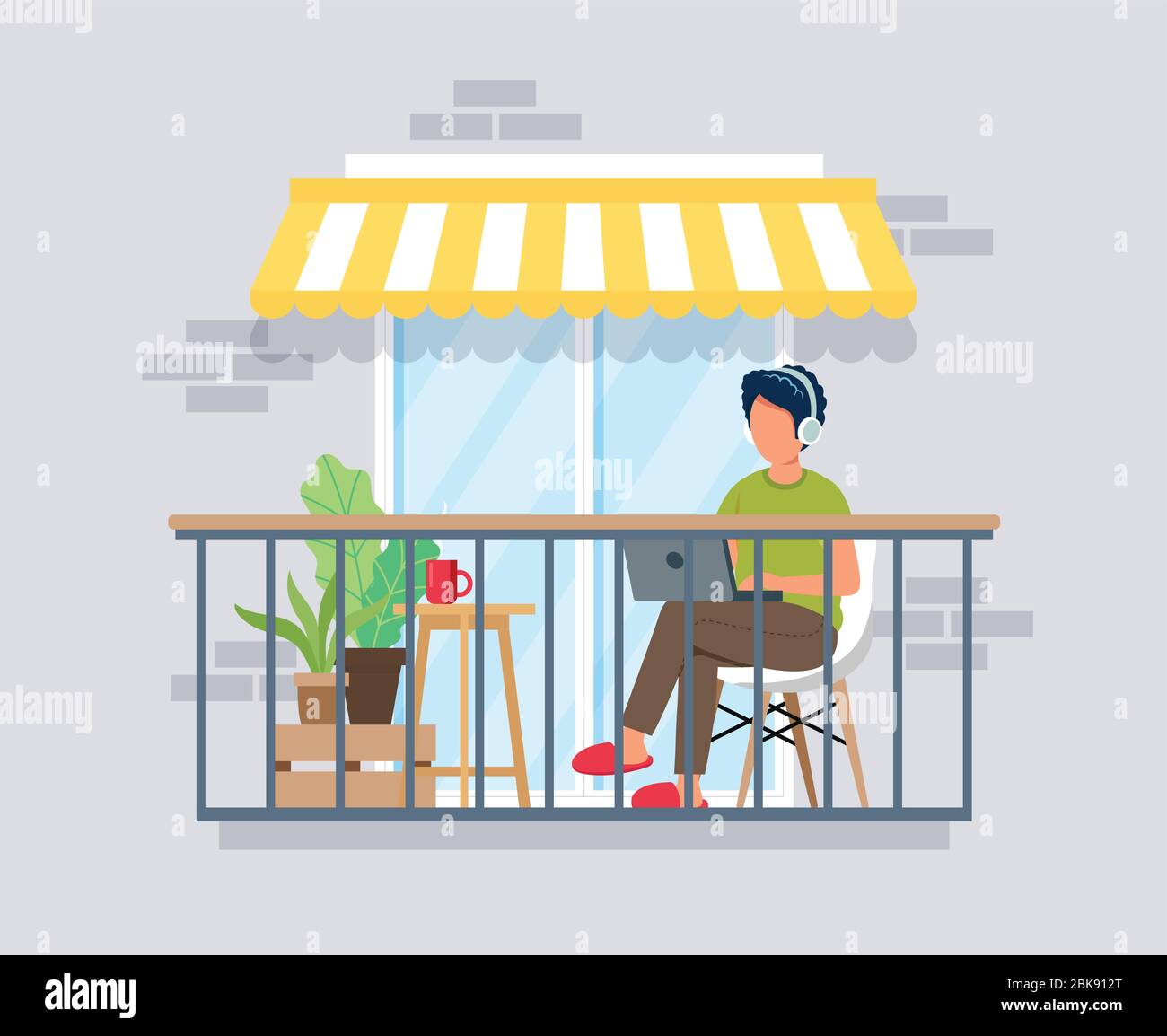 Homme travaillant sur balcon, travail de concept à la maison. Restez chez vous pendant l'épidémie. Illustration vectorielle mignonne et style plat Illustration de Vecteur
