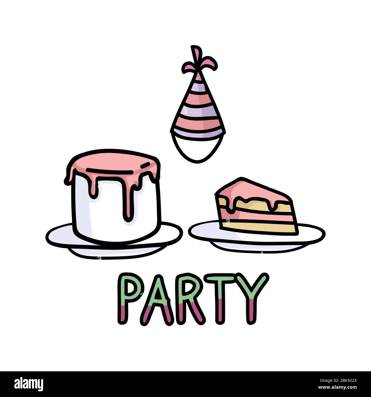 Mignons dessin animé party fournit set vecteur clipart. Fête d'anniversaire à dessin main Kawaii. Célébration avec gâteau et illustration de chapeau de fête. Enfants isolés Illustration de Vecteur