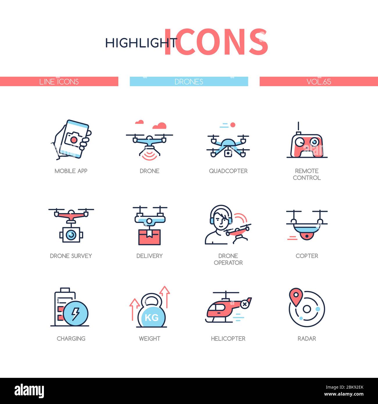 Drones - jeu d'icônes de style design de ligne moderne Illustration de Vecteur