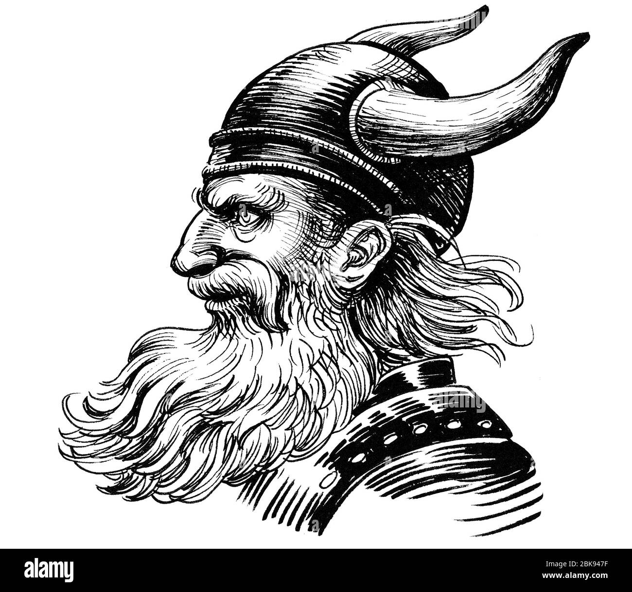 Guerrier Viking en casque à cornes. Dessin noir et blanc Banque D'Images