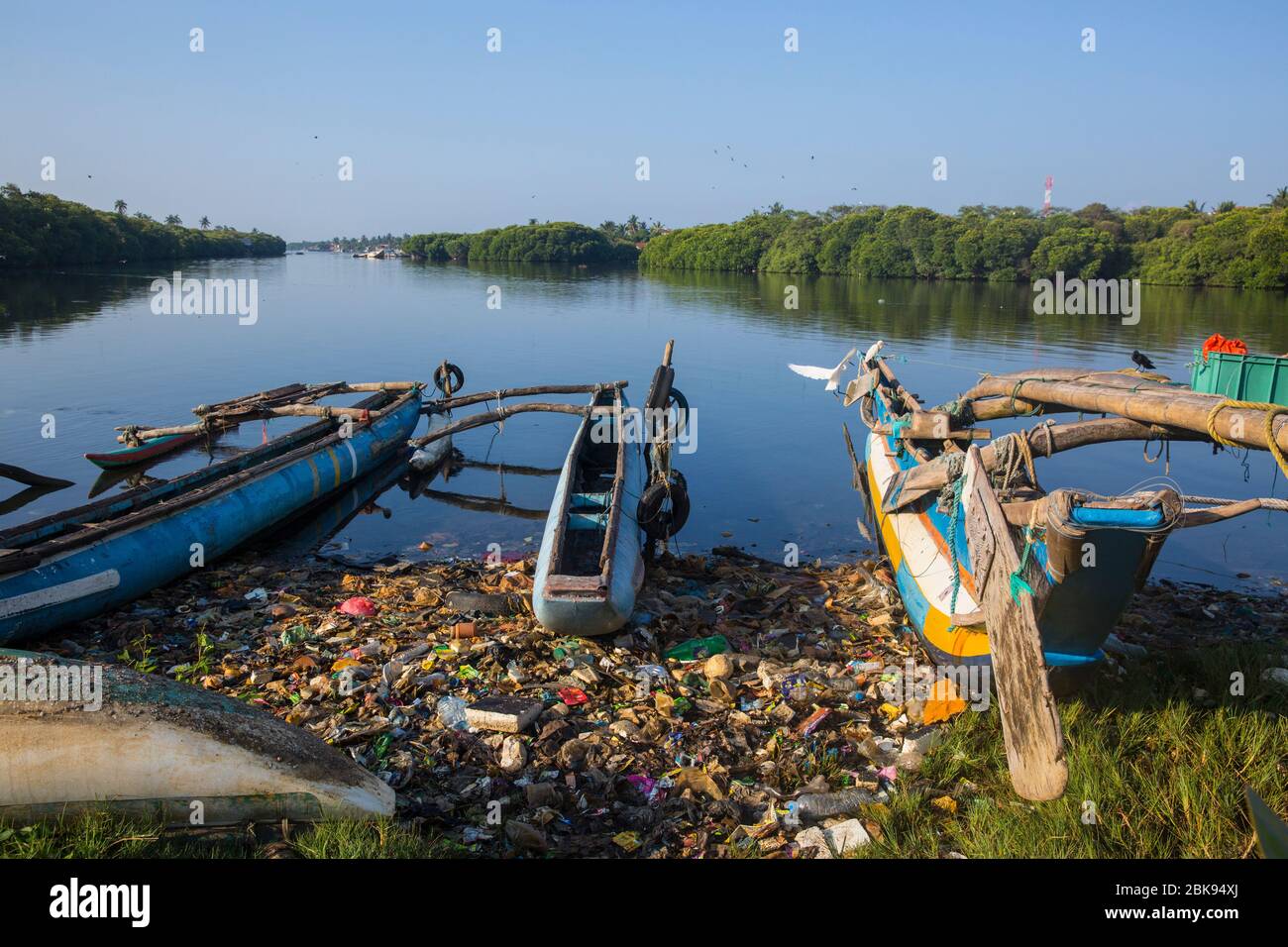 Pollution massive des plastiques sur le lagon de Negombo à Negombo, Sri Lanka. Banque D'Images