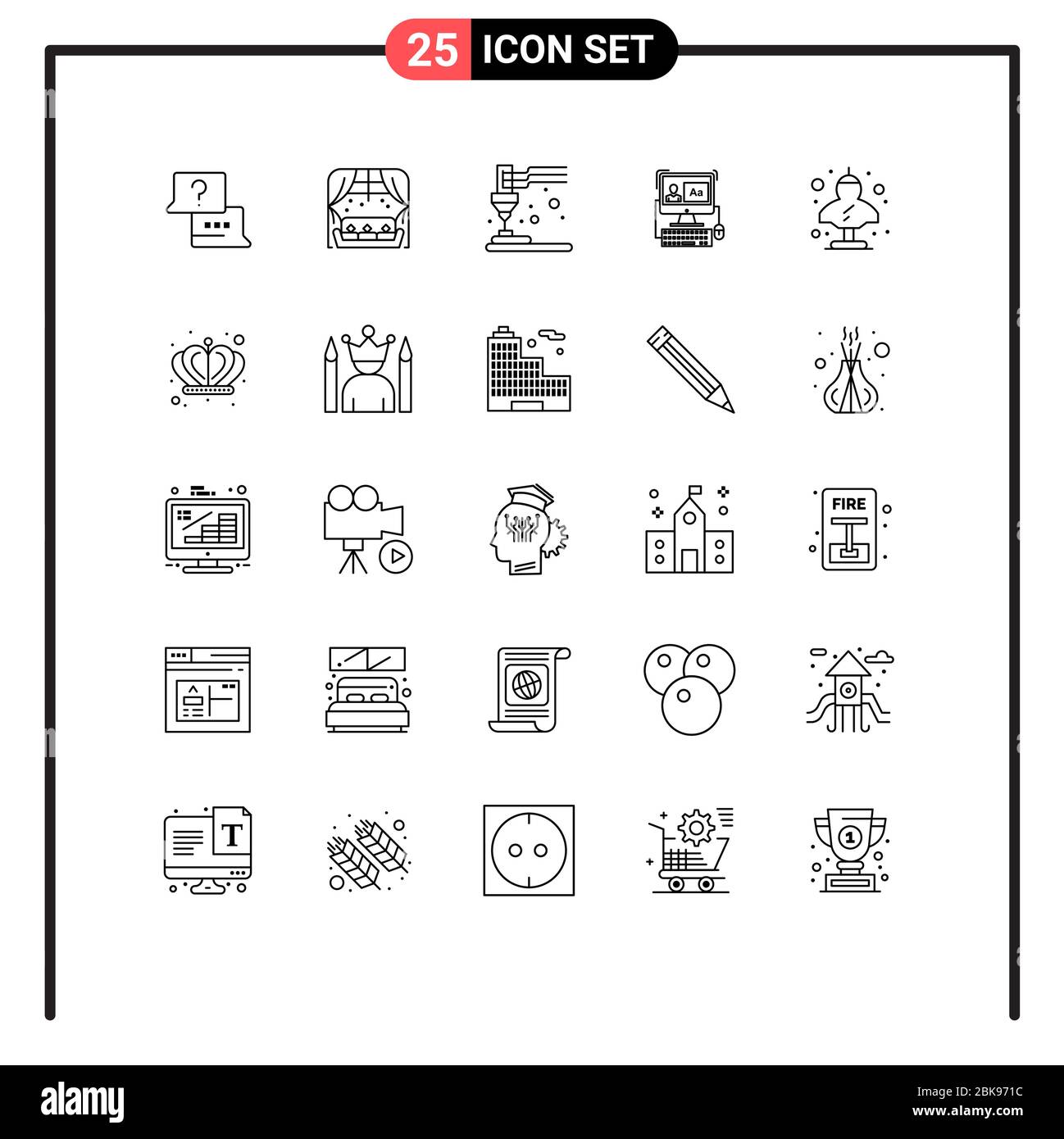 Pack de 25 symboles universels d'artefact, de montage, d'impression, de logiciel, d'éléments de conception vectoriel modifiables par ordinateur Illustration de Vecteur