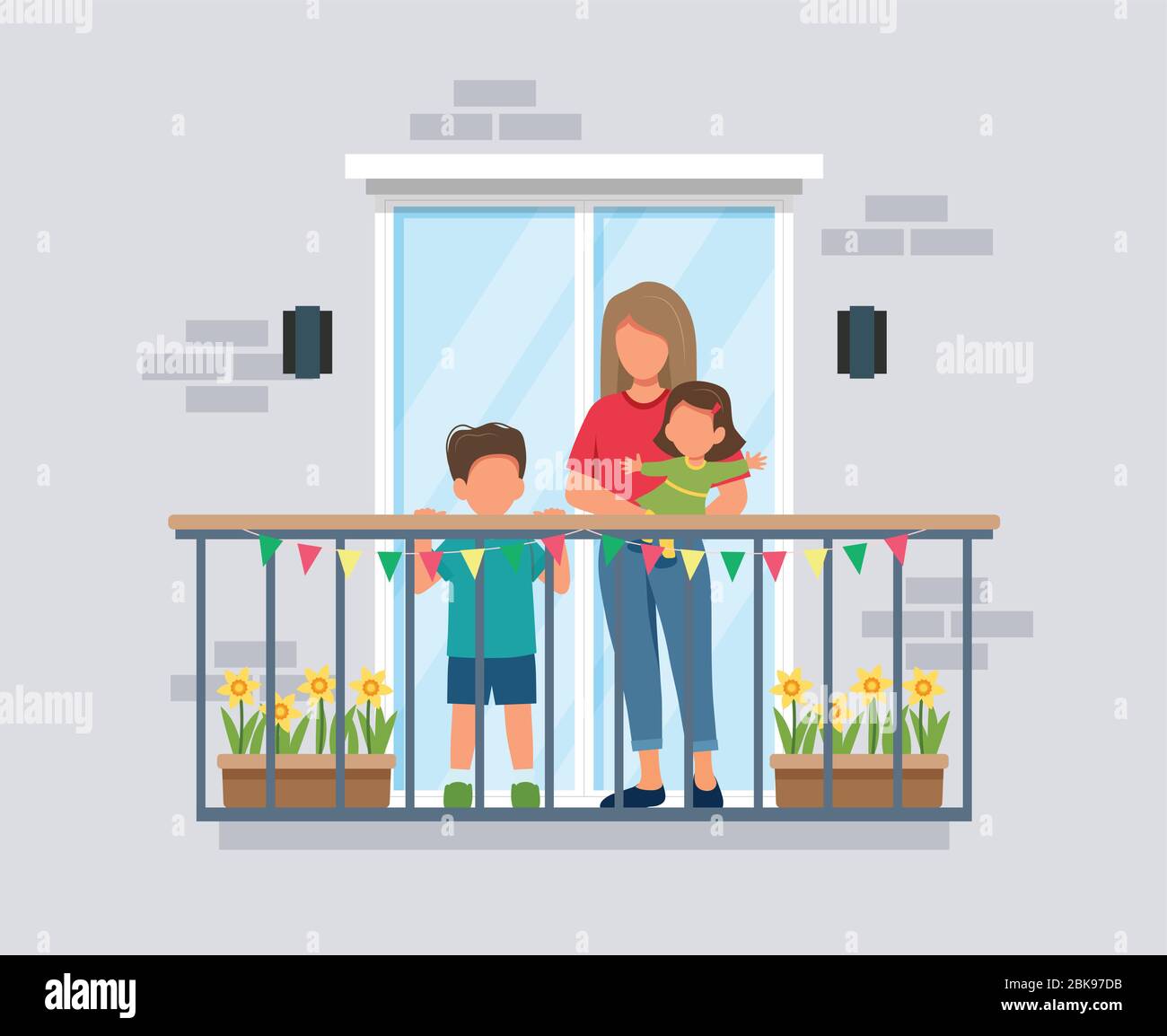 Les gens sur le balcon, la mère avec enfants, le concept de coronavirus. Restez chez vous pendant l'épidémie. Illustration vectorielle mignonne et style plat Illustration de Vecteur