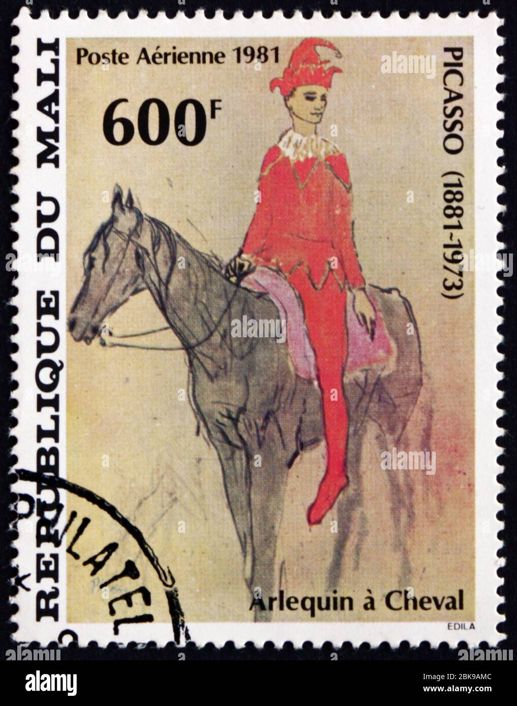 MALI - VERS 1981: Un timbre imprimé au Mali montre Harlequin à cheval, peinture de Pablo Picasso, peintre espagnol, vers 1981 Banque D'Images