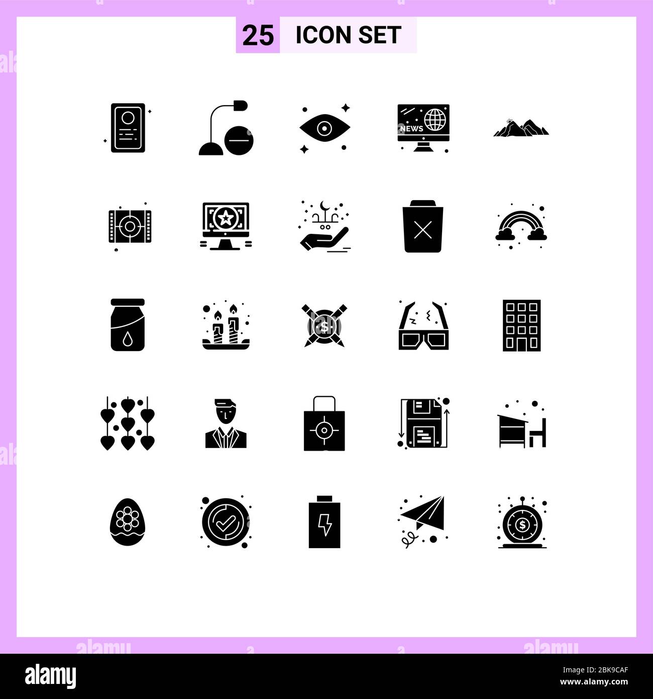 25 symboles universels de glyphe solide symboles de colline, montagne, oeil, écran, passe-temps Editable Vector Design Elements Illustration de Vecteur