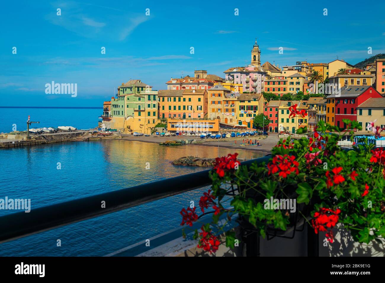 Station balnéaire méditerranéenne avec bâtiments colorés vue de la terrasse fleurie, Bogliasco, Ligurie, Italie, Europe Banque D'Images