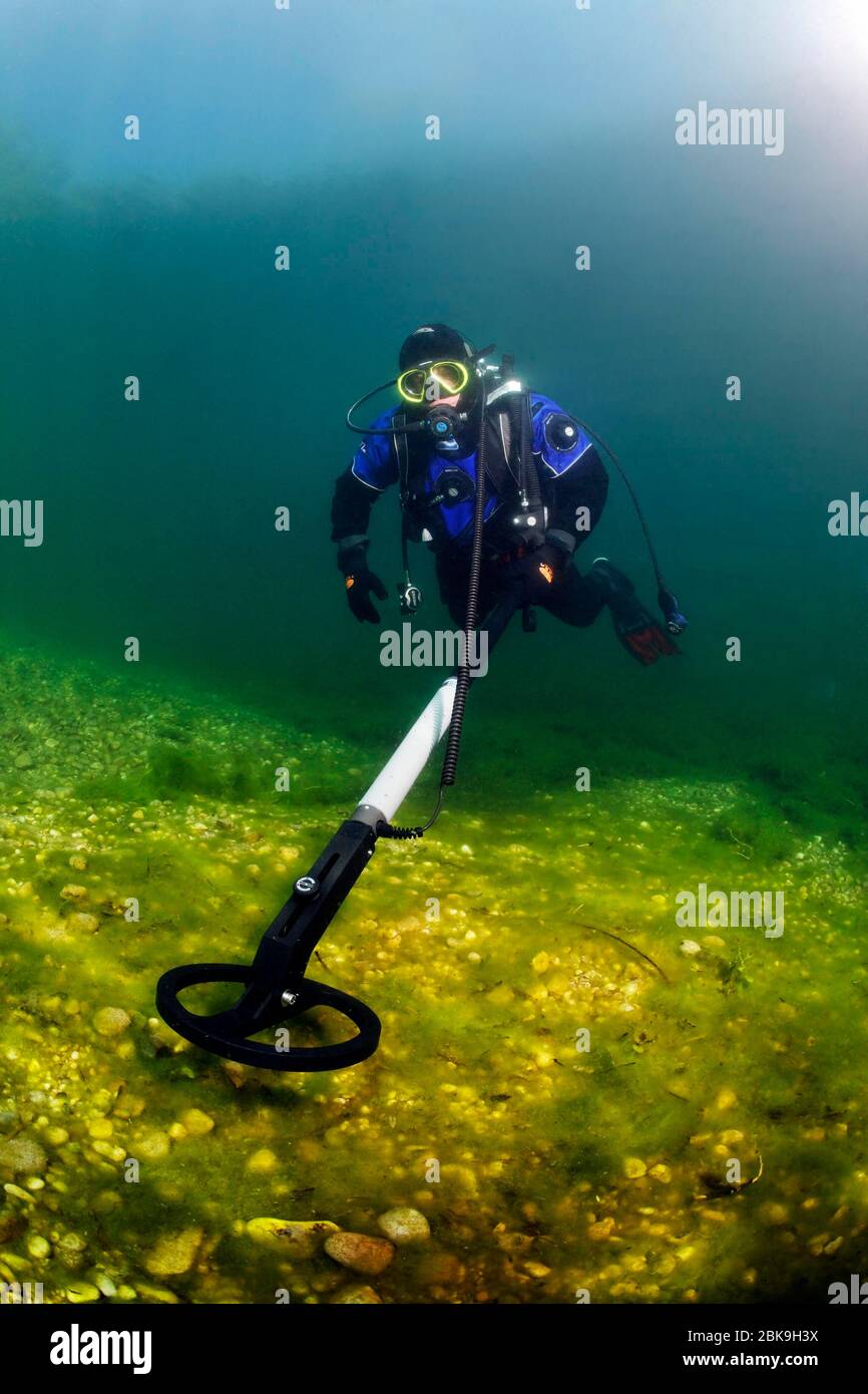Plongée dans un costume sec avec détecteur de métal recherche le fond du lac pour des objets métalliques, Echinger Weiher, Eching, Haute-Bavière, Bavière, Allemagne Banque D'Images