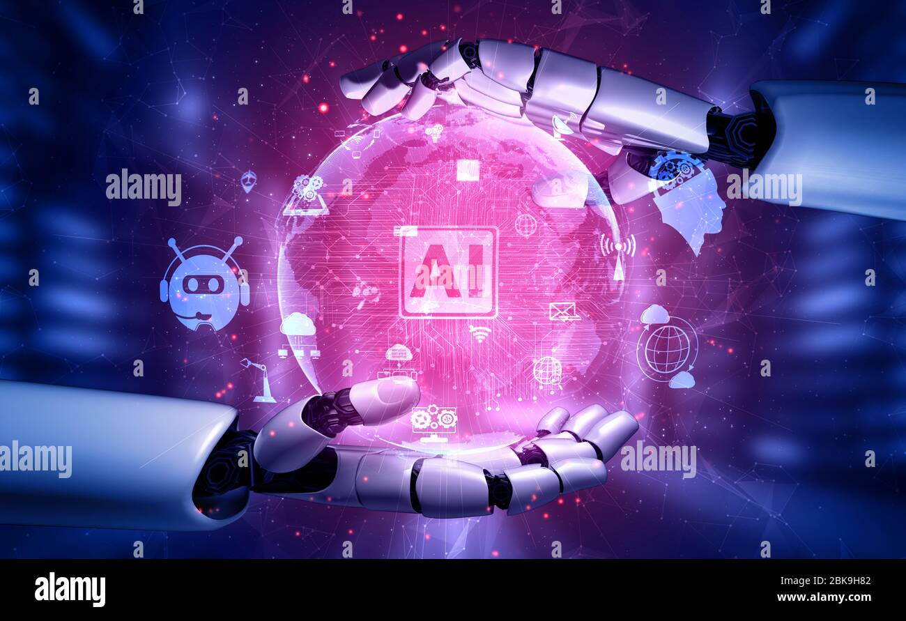 3-D rendre l'intelligence artificielle recherche ai de robot et développement cyborg pour l'avenir des personnes vivant. Exploration de données numériques et apprentissage de machines Banque D'Images