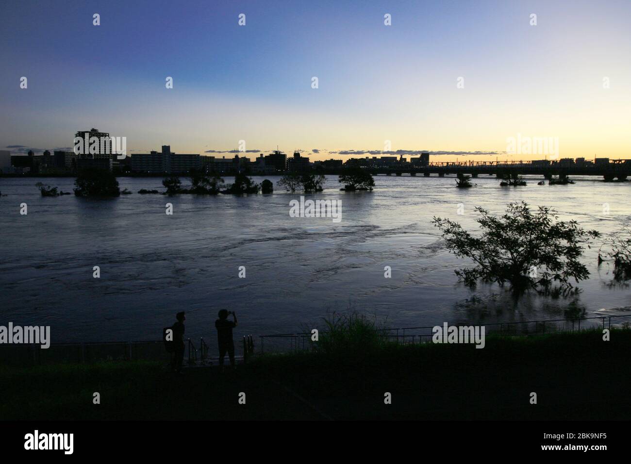 Paysage des basses eaux de la rivière Tama le matin, lorsque le typhon no 19 accompagné de fortes pluies est passé le 13 octobre 2019 Banque D'Images