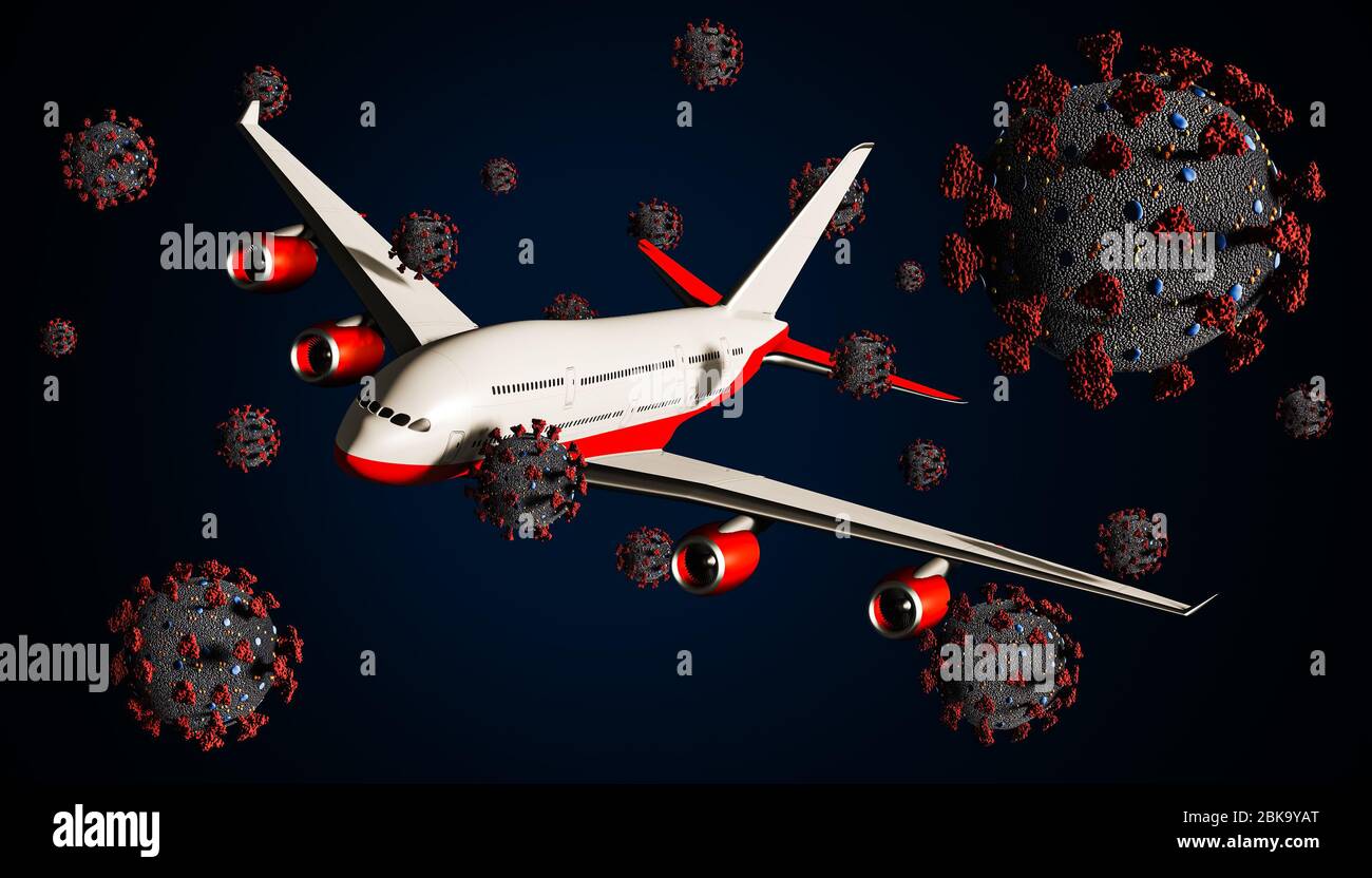 Cellules de virus du coronavirus ou du covid-19 avec avion en vol illustration de rendu tridimensionnel. Industrie du voyage, du transport aérien et du transport et vira Banque D'Images