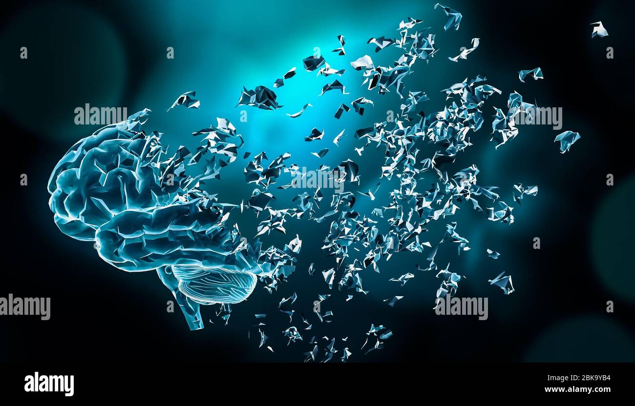 Illustration du rendu 3D disintégrant ou brisant le cerveau humain. Troubles de la mémoire, maladies neurologiques comme Parkinson ou Alzheimer, amn Banque D'Images