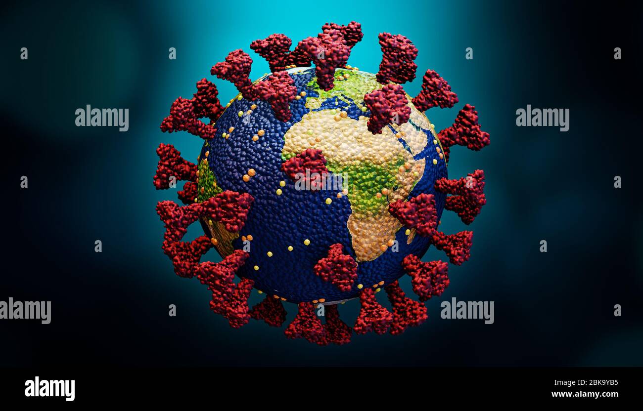 Planète Terre comme une illustration de rendu en trois dimensions de coronavirus ou de cellules covides du sras. Concepts de pandémie mondiale ou d'épidémie mondiale. Texture de la carte de terre fournie Banque D'Images