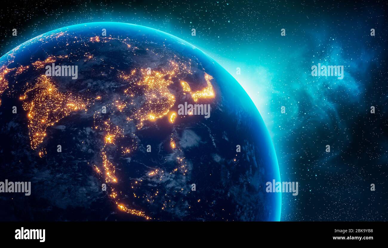 Lumières de la ville du continent d'Asie centrale et orientale la nuit de l'espace. Illustration du rendu 3D. Texture de la carte de terre fournie par la NASA. Somme d'énergie Banque D'Images