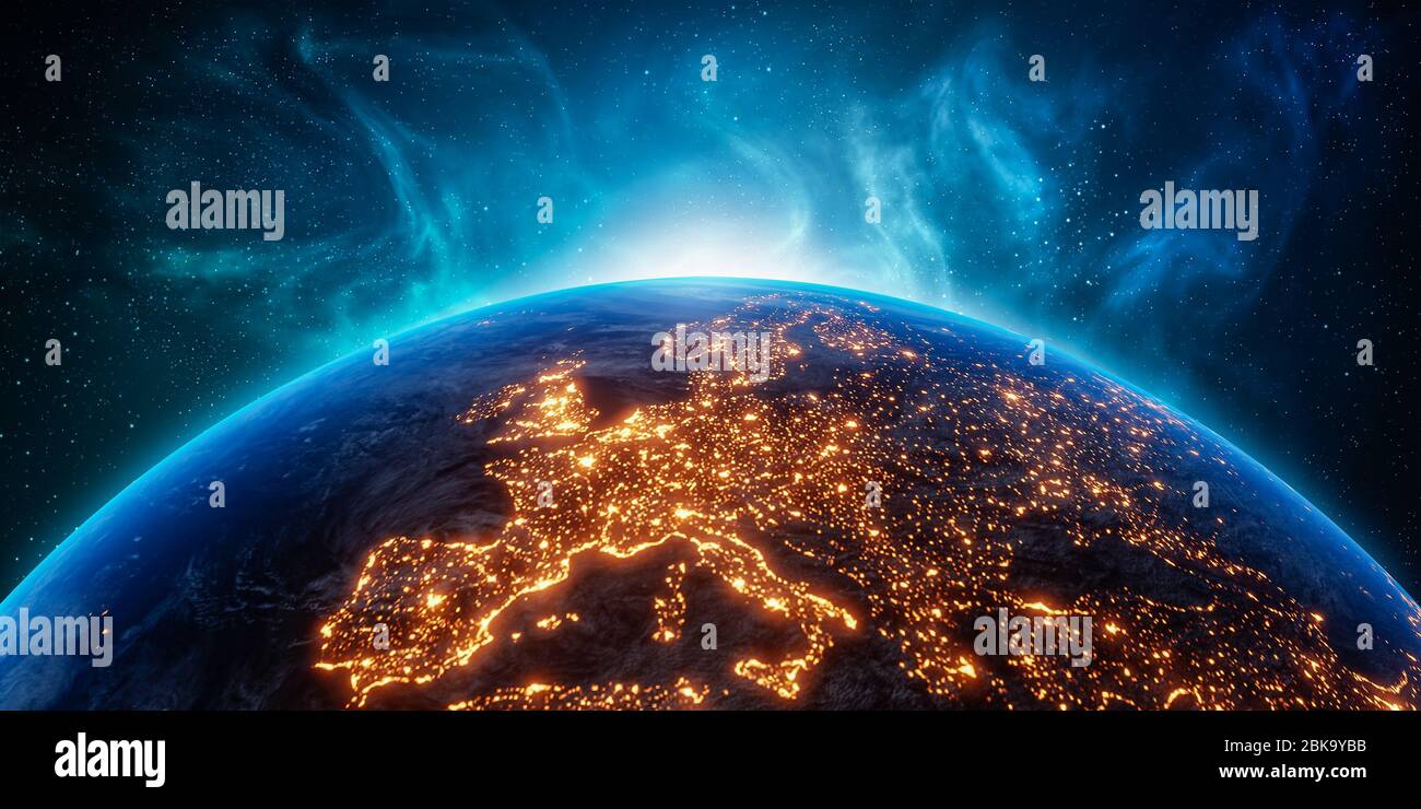 La ville éclaire le continent européen la nuit depuis l'espace. Illustration du rendu 3D. Texture de la carte de terre fournie par la NASA. Consommation d'énergie, électricité Banque D'Images