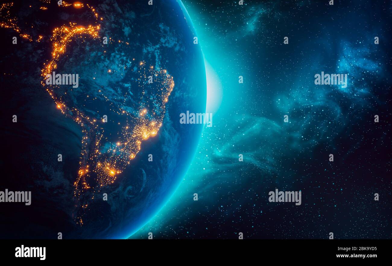Lumières de ville des continents d'Amérique du Sud la nuit à partir de l'espace extra-atmosphérique illustration de rendu en relief. Texture de la carte de terre fournie par la NASA. Consommation d'énergie, e Banque D'Images