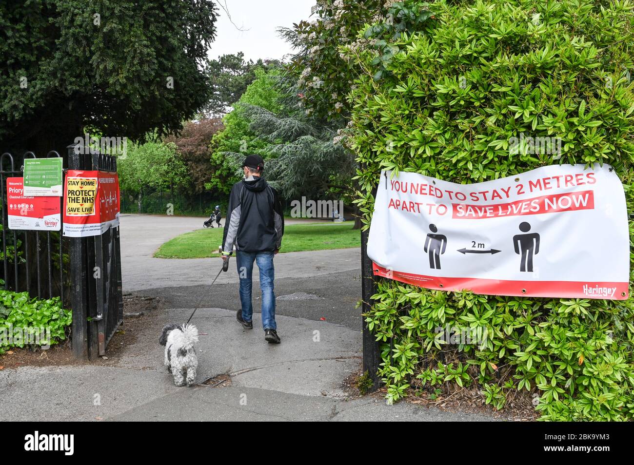 Un homme qui marche un chien à travers les portes du parc à Londres avec des avis 'Stay home, protéger le NHS et 'vous devez rester à 2 mètres d'écart, sauver des vies maintenant' Banque D'Images