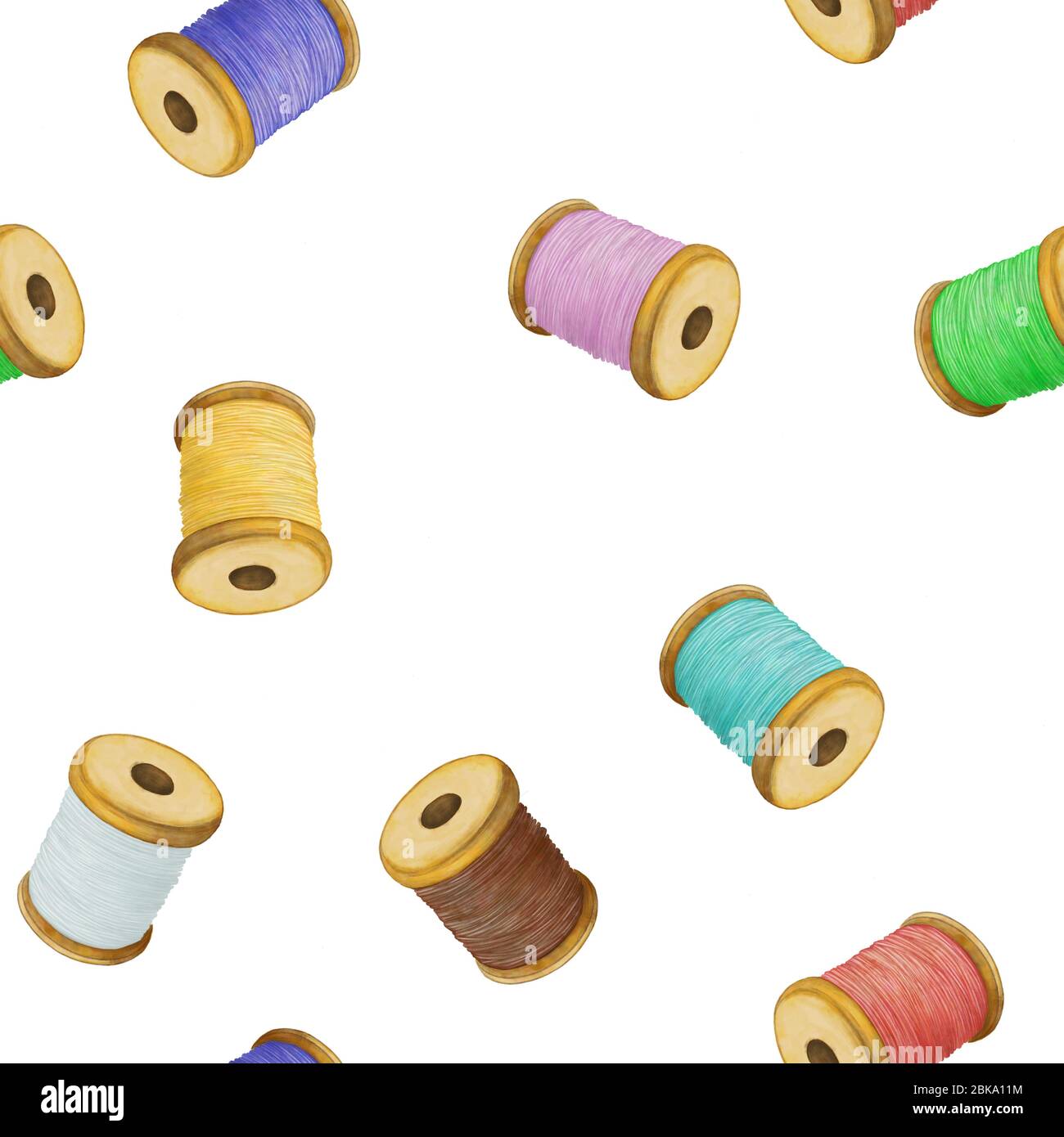 Bobines de filetage colorées sur fond blanc, motif sans couture Banque D'Images