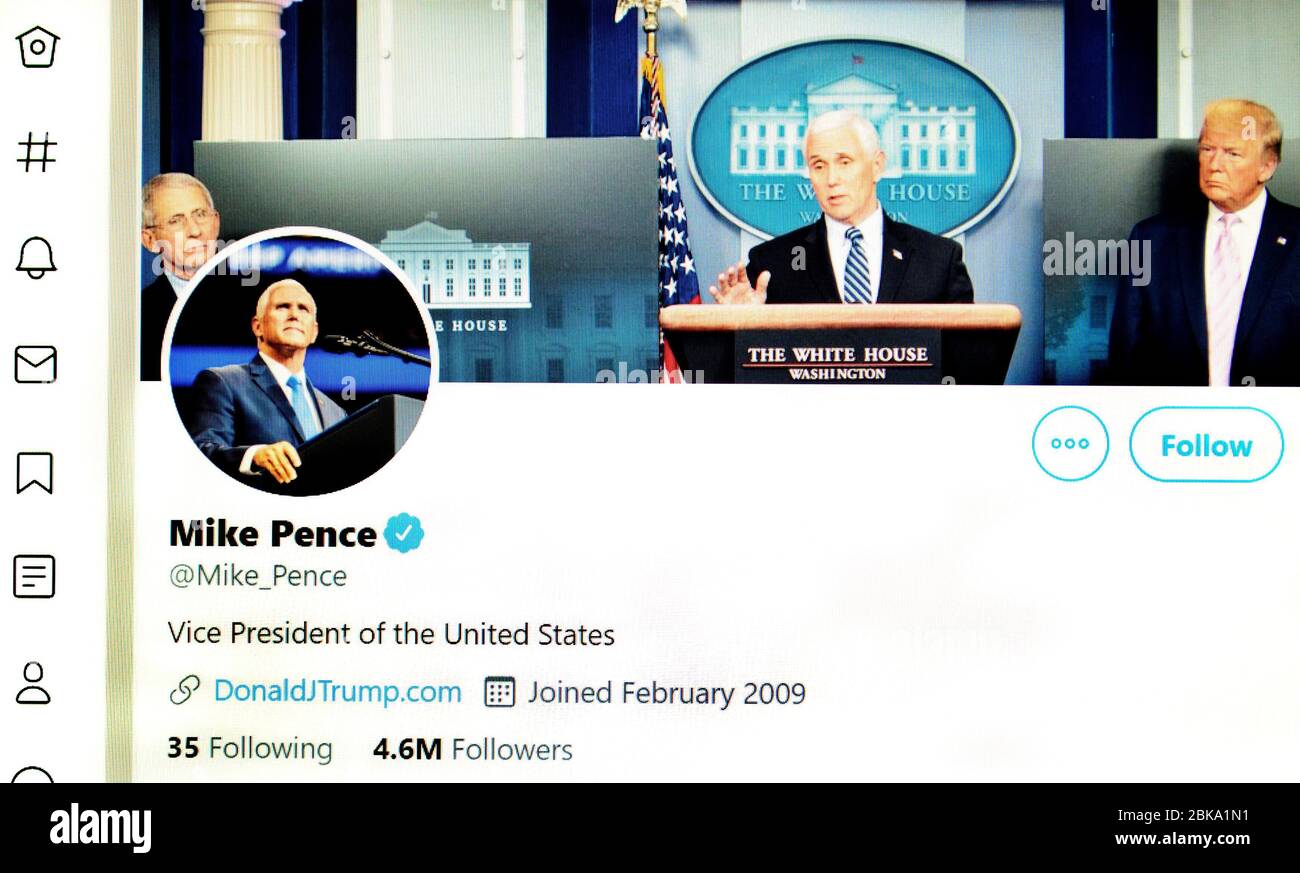 Page Twitter (mai 2020) : Mike Pence, vice-président des États-Unis Banque D'Images