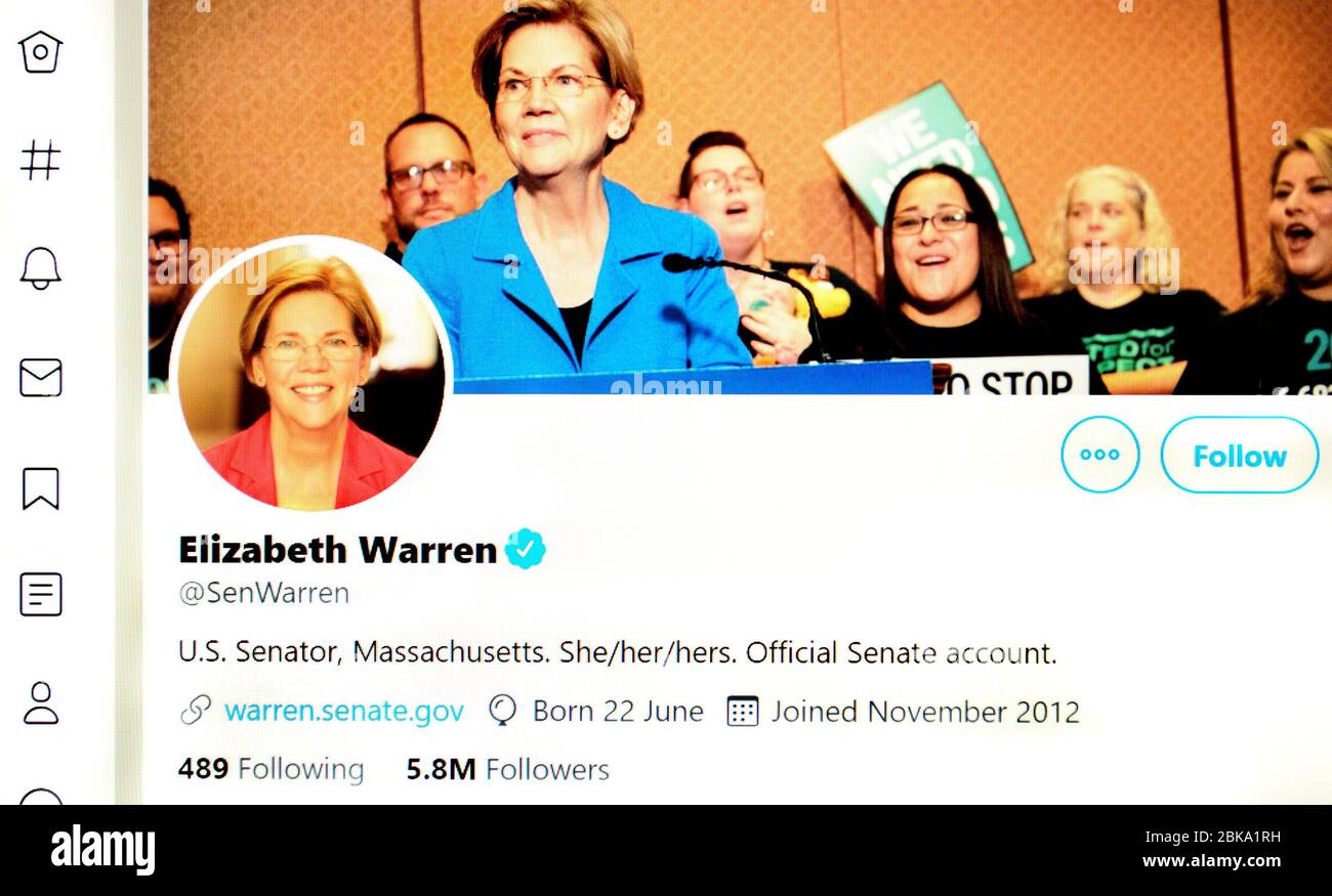 Page Twitter (mai 2020) : le sénateur américain Elizabeth Warren Banque D'Images