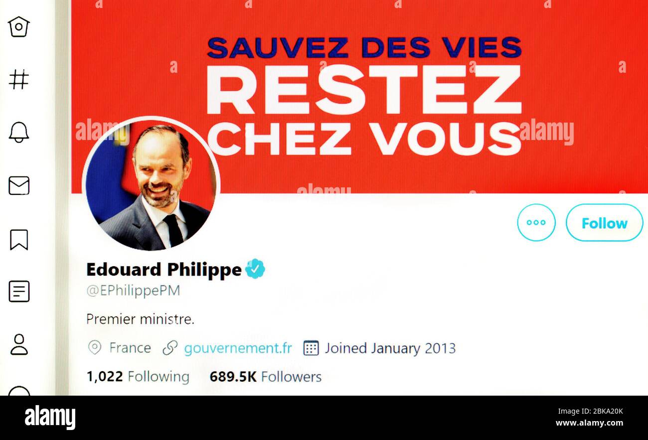 Page Twitter (mai 2020) : Edouarde Philippe, Premier ministre français Banque D'Images