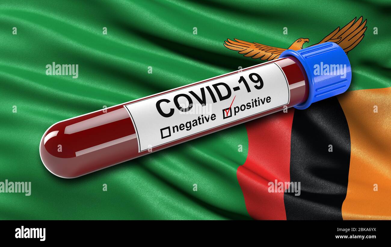 Drapeau de Zambie se fouitant au vent avec un tube de test sanguin positif de Covid-19. Concept d'illustration tridimensionnelle pour les tests sanguins pour le diagnostic du nouveau Corona Banque D'Images