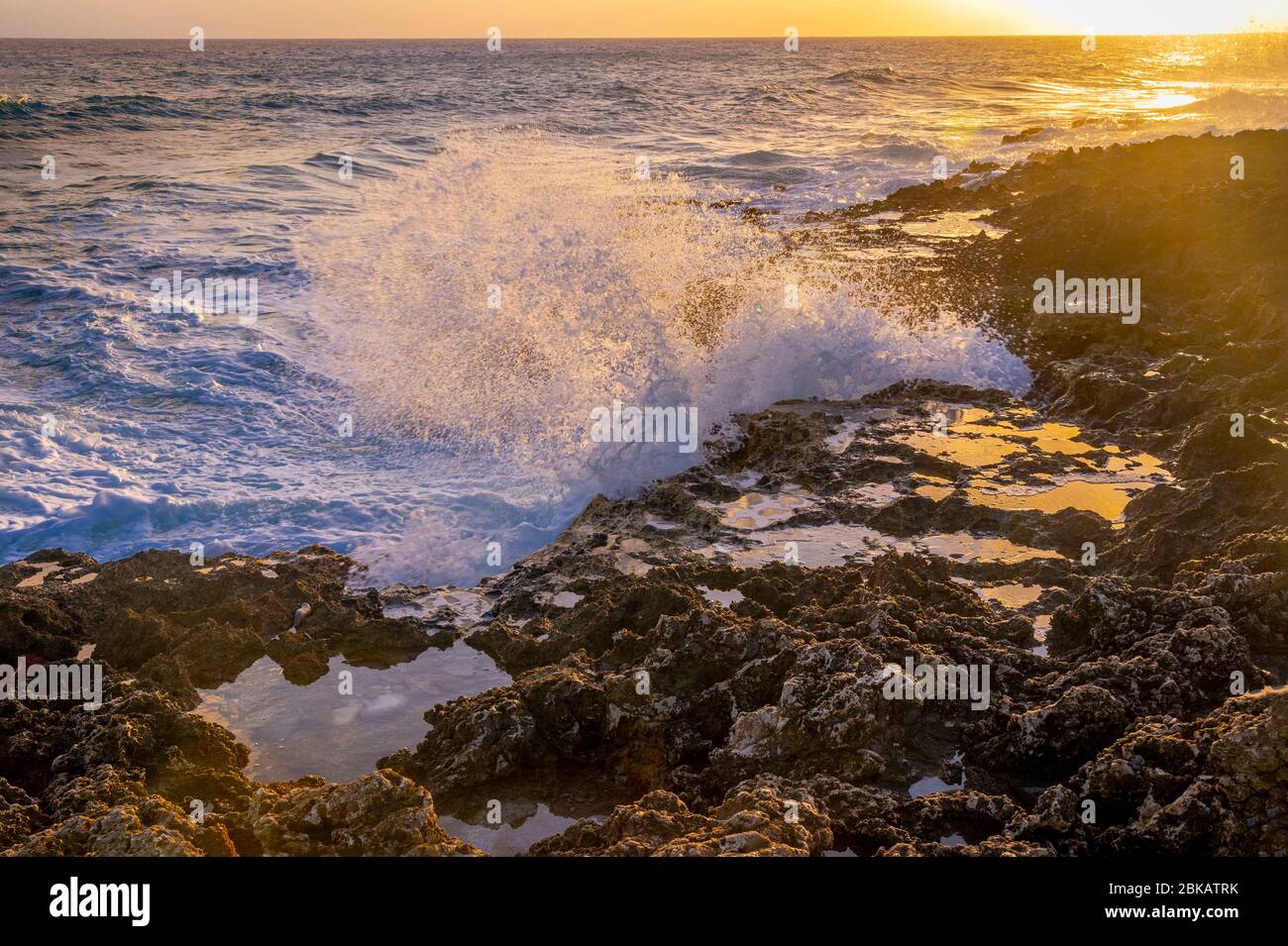 De grandes vagues s'écrasant contre les rochers au coucher du soleil, Grand Cayman Blowholes Banque D'Images