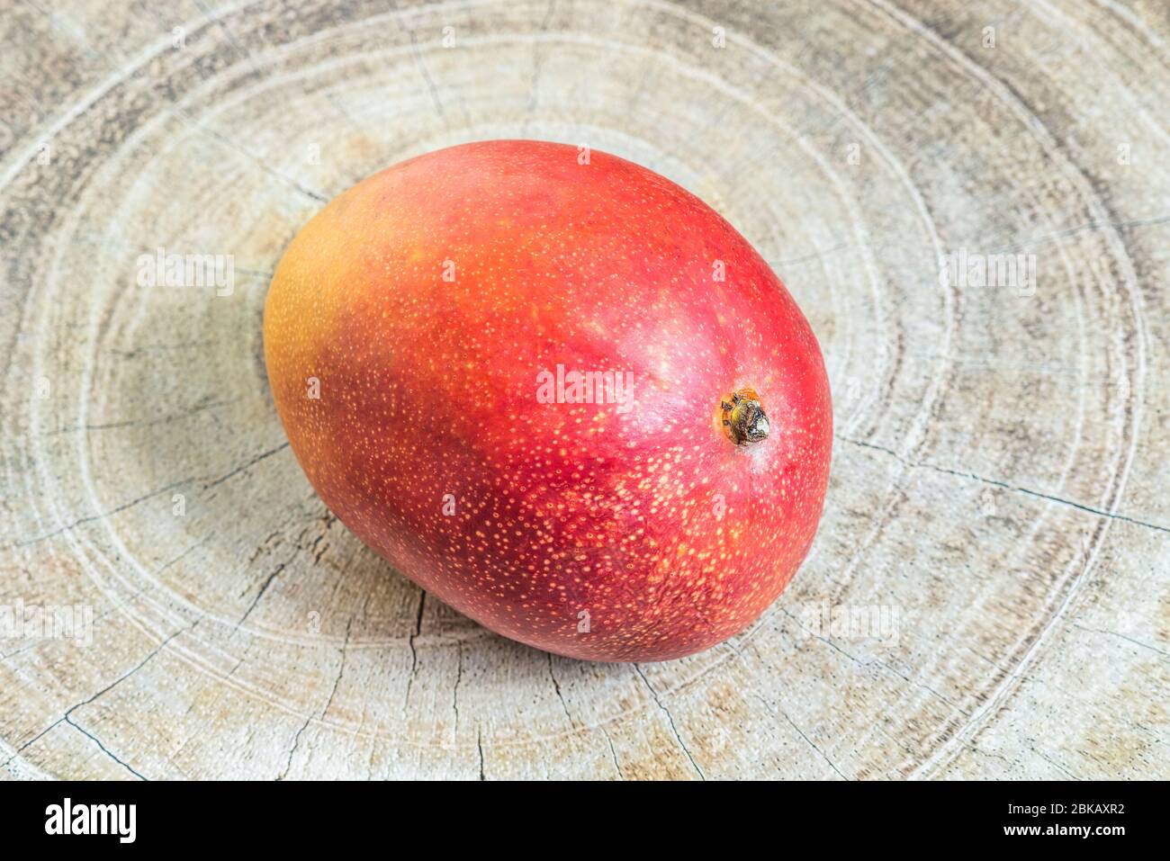 Fruit de mangue tropicale mûre de taille unique sur un fond en bois. Banque D'Images