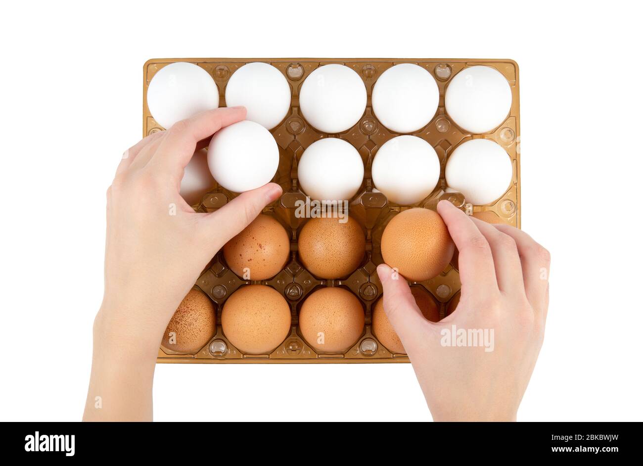 Les mains des femelles prennent des œufs de poulet d'un plateau en plastique vue du dessus, isolé sur blanc. Banque D'Images