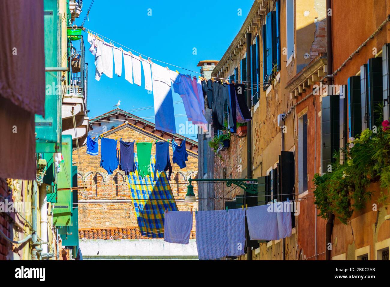 Vêtements lavés sécher dehors sur une corde étirée entre les vieilles maisons historiques au-dessus de la rue étroite, Venise, Vénétie, Italie Banque D'Images