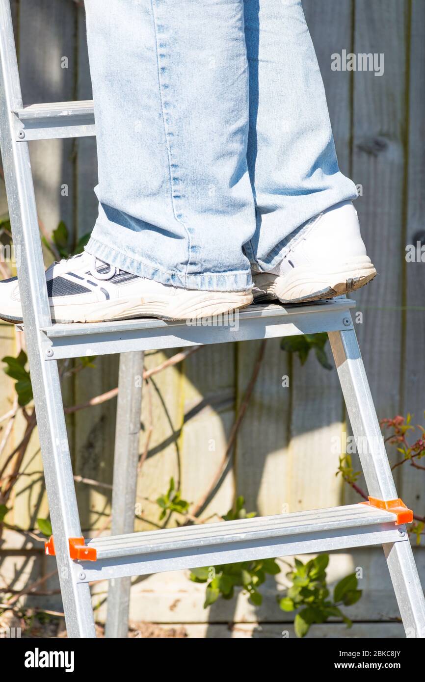 Gros plan jambes de l'homme marche l'échelle au jardin Banque D'Images