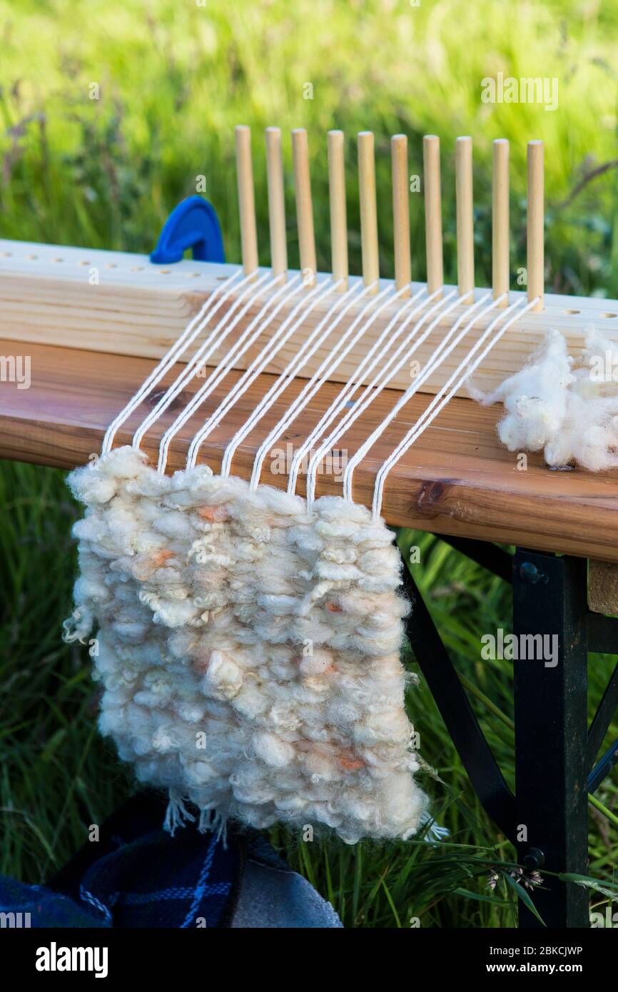 Laine de mouton brute sur un métier à tisser en bois tissé dans un tapis, Kent, Royaume-Uni Banque D'Images