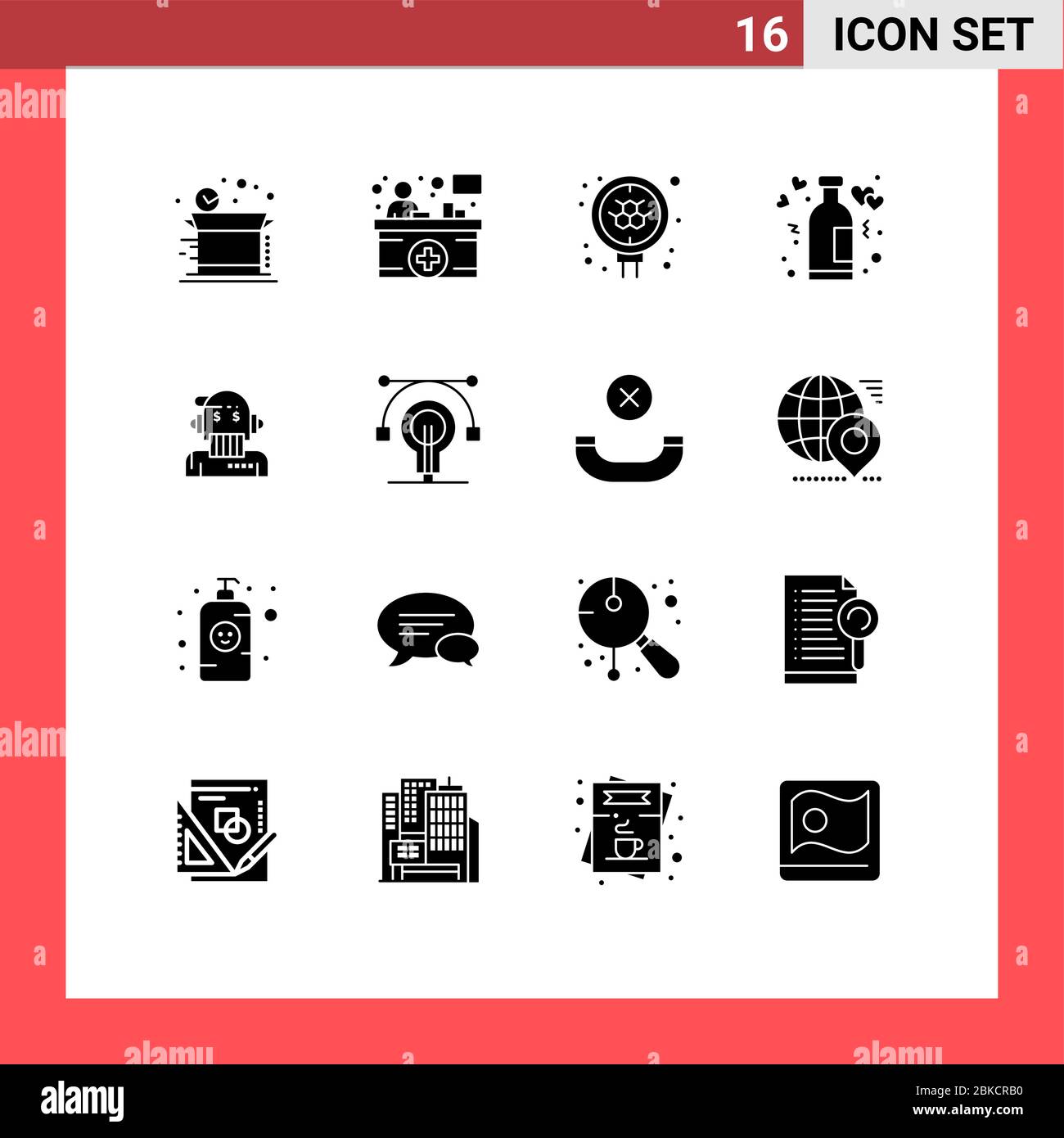 Interface utilisateur Pack de 16 glyphes solides de base de robo Advisor, romance, atome, amour, bouteille éléments de conception vectoriel éditable Illustration de Vecteur