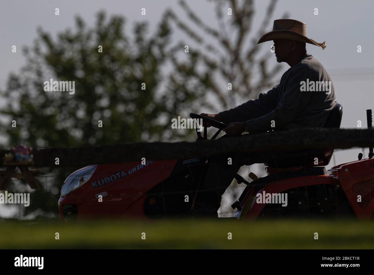 Homme portant un chapeau sur la faucheuse du tracteur Banque D'Images