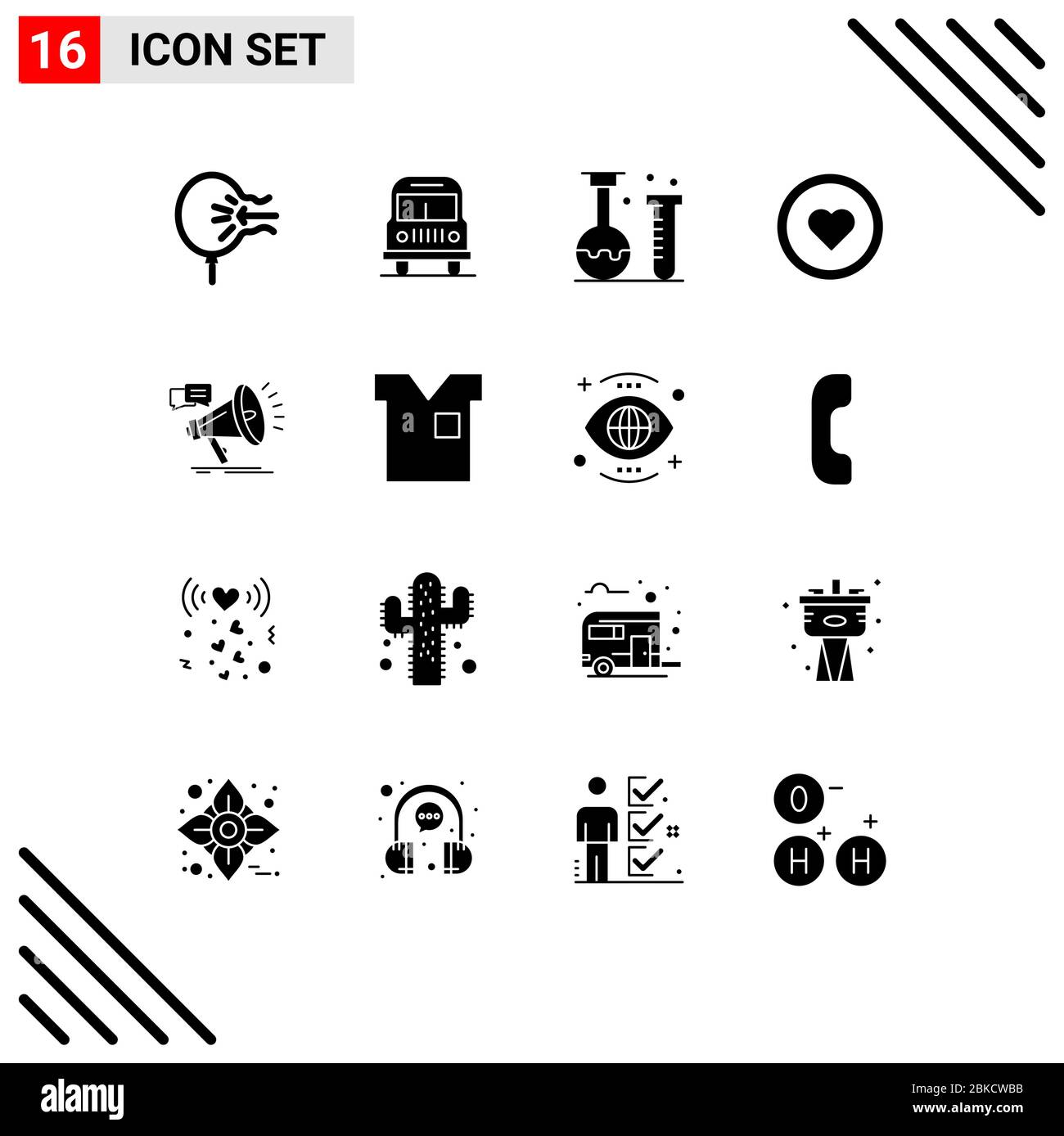 Pack de glyphes solides de 16 symboles universels de marketing, d'amour, de chimie, comme, école Editable Vector Design Elements Illustration de Vecteur