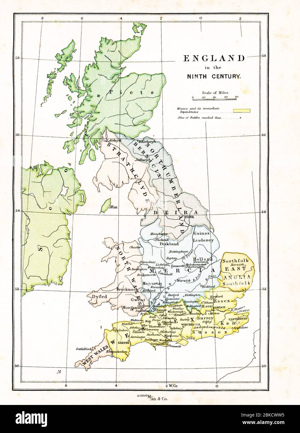 Cette carte montre la Grande-Bretagne au IXe siècle A.D. la légende a le jaune comme représentant Wessex et ses dépendances immédiates. Un signe plus marque le site des batailles. Banque D'Images