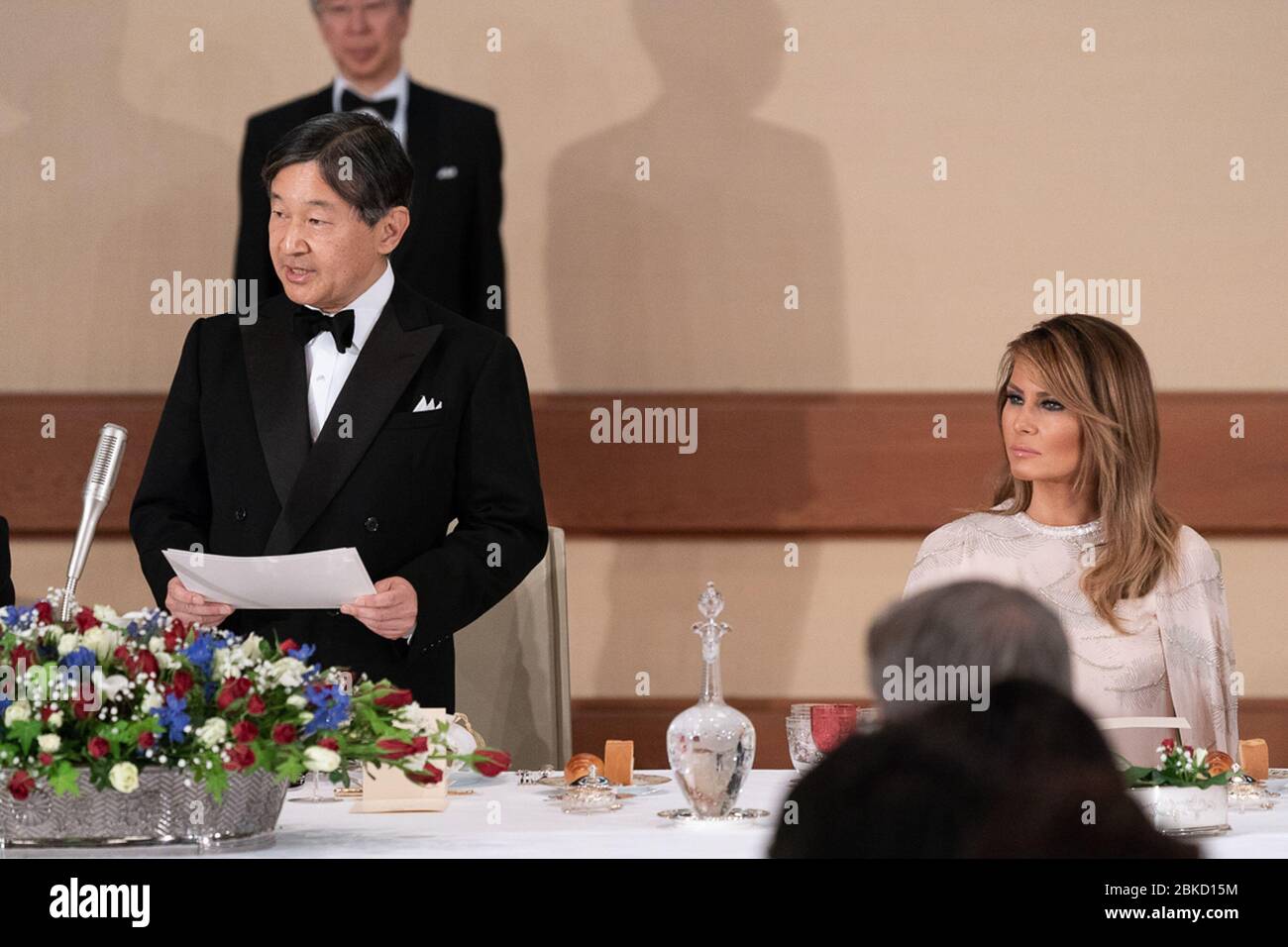 La première dame Melania Trump assiste à un banquet d’État avec le président Trump à Tokyo le 27 mai 2019. L'empereur Naruhito du Japon prononce un discours lors de l'événement au Palais impérial, marquant une occasion diplomatique. Banque D'Images