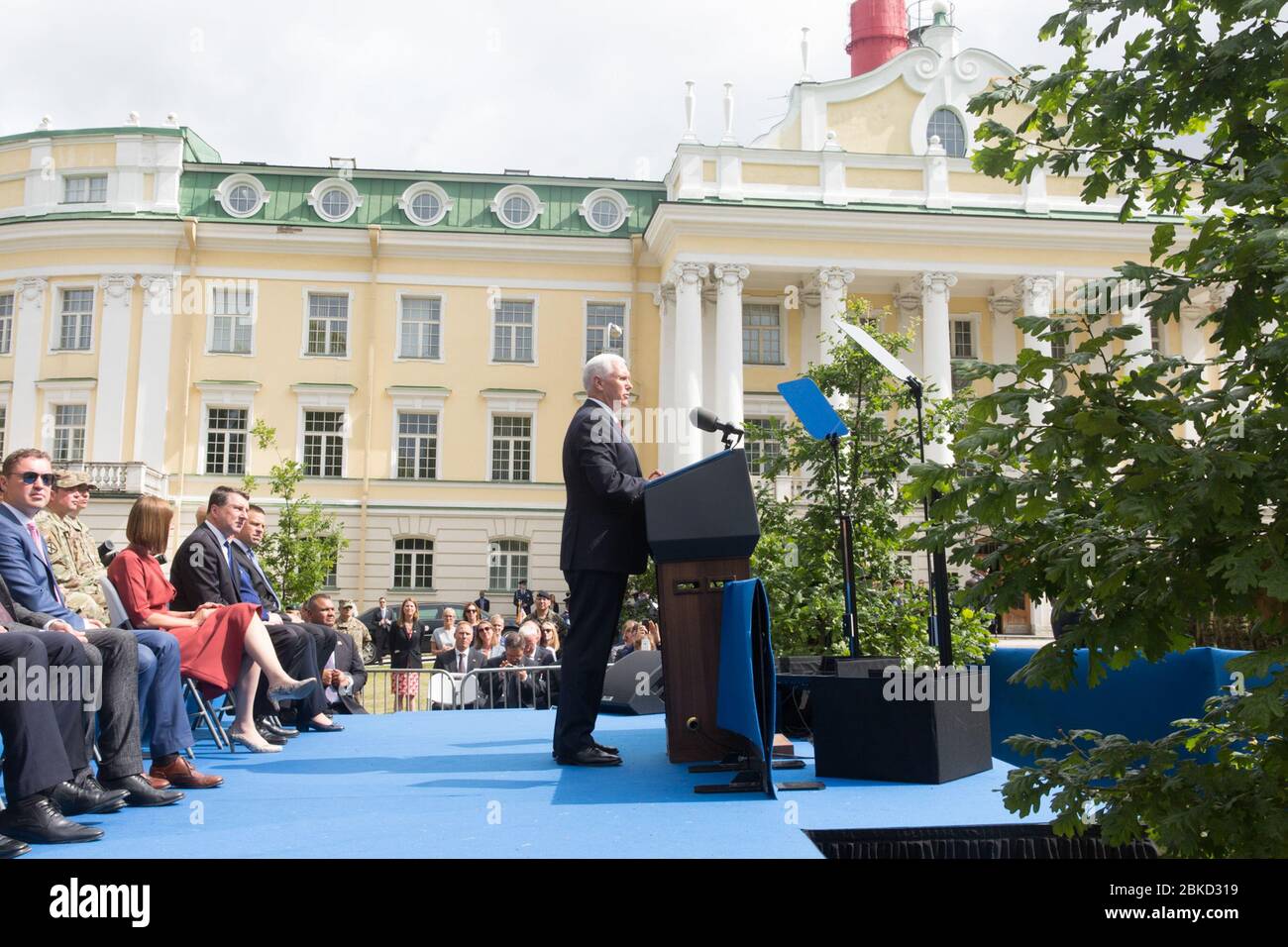 Le vice-président Mike Pence prononce des remarques sur la présence avancée de l'OTAN | le 31 juillet 2017 le voyage du vice-président Pence en Europe Banque D'Images