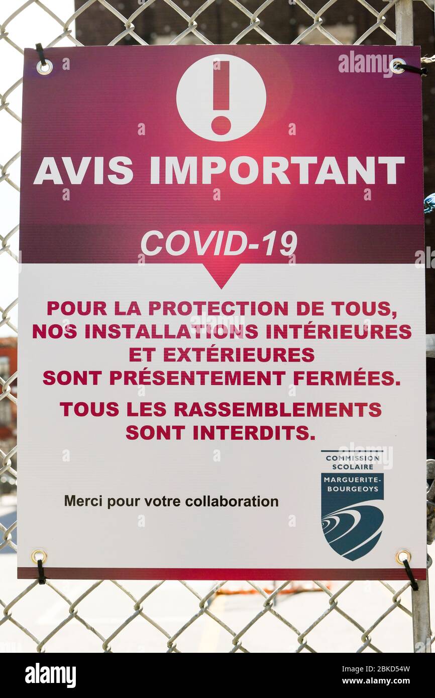 Covid19 signe d'avertissement de pandémie Montréal Canada Banque D'Images