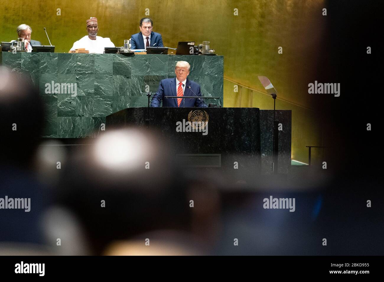 Le 24 septembre 2019, le président Donald J. Trump a prononcé un discours lors de la 74e session de l’Assemblée générale des Nations Unies à New York, abordant des questions mondiales. Banque D'Images