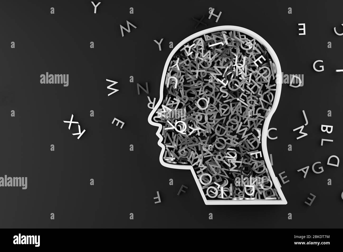 Forme de tête humaine remplie de lettres de caractère alphabétique métalliques avec espace de copie, littérature, éducation, savoir-faire ou écriture concept, illustration tridimensionnelle Banque D'Images