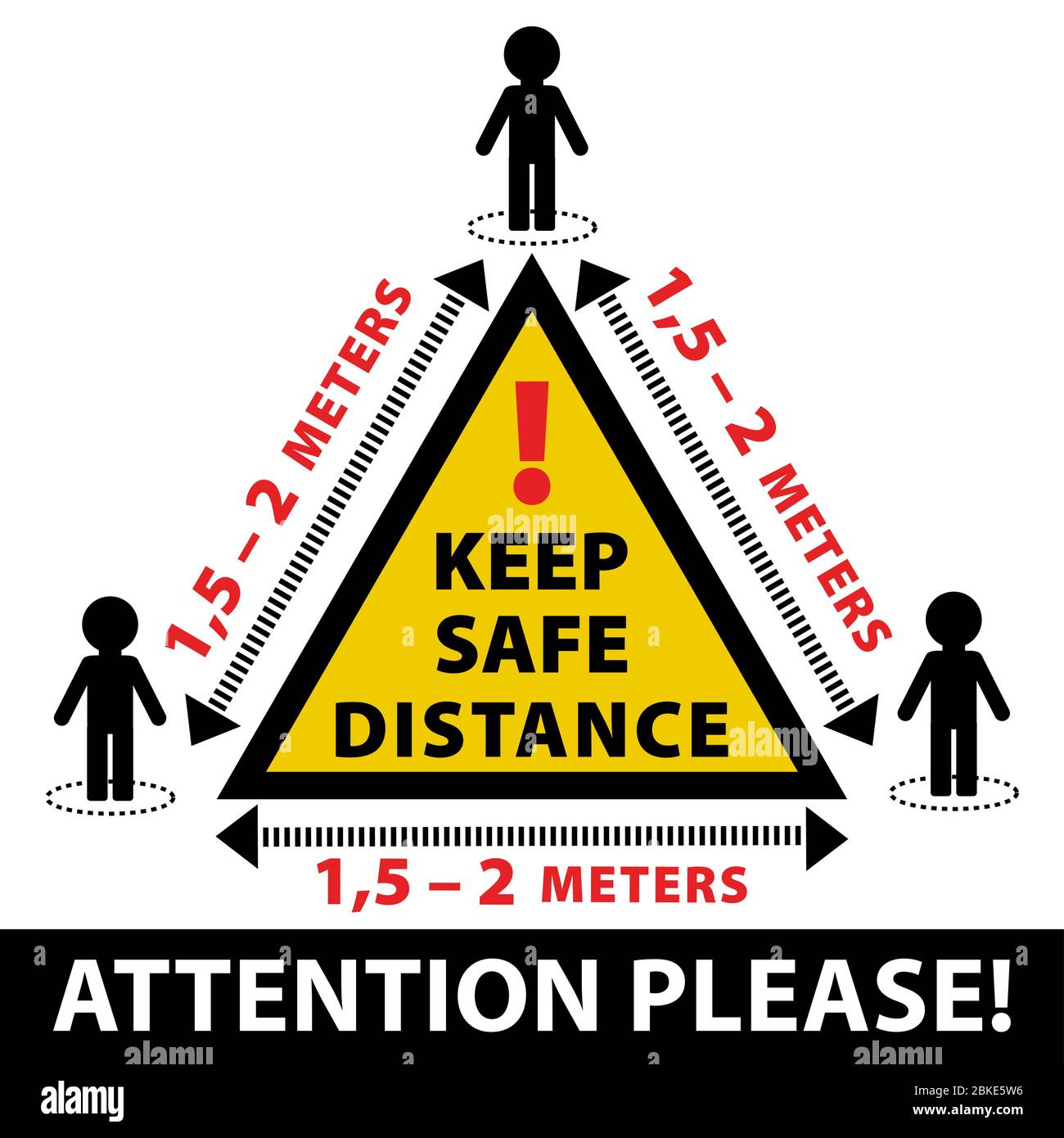 Conserver le symbole de distance. Triangle jaune de danger. Maintenez une distance d'au moins 1 à 2 mètres entre les personnes. Arrêt de la propagation du virus. Signe d'avertissement d'information Illustration de Vecteur