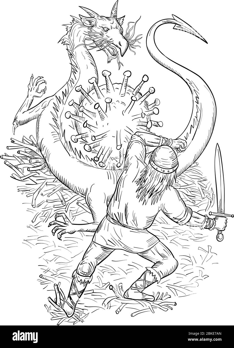 Dessin d'un dessin de style illustration d'un chevalier médiéval courageux luttant contre un dragon agressif en colère protégeant le coronavirus ou la cellule covid-19 sur des whi isolés Illustration de Vecteur