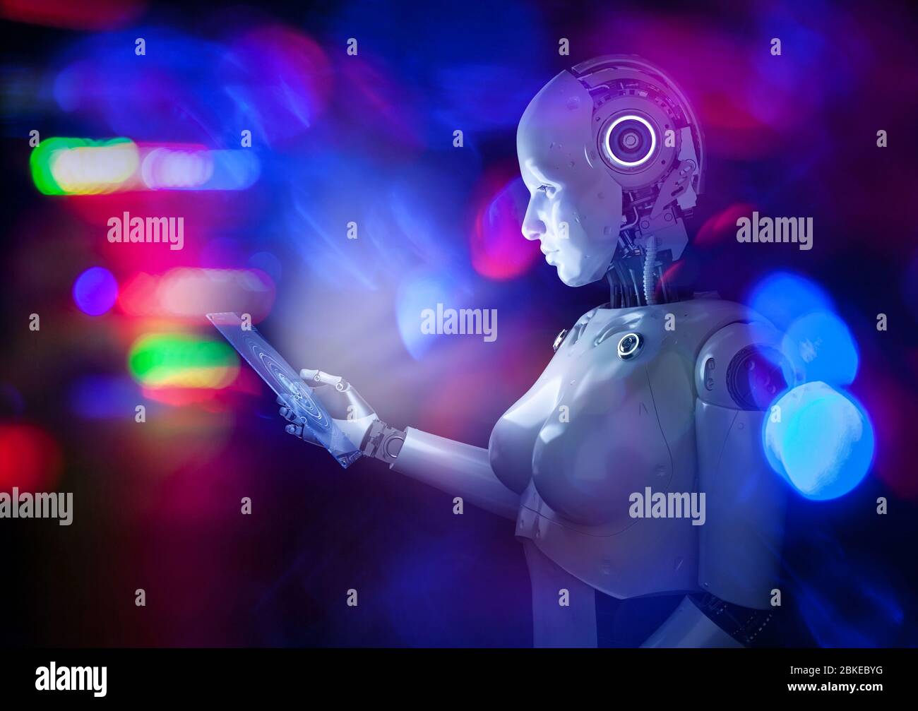 rendu 3d cyborg ou robot humanoïde fonctionnant avec une tablette numérique Banque D'Images