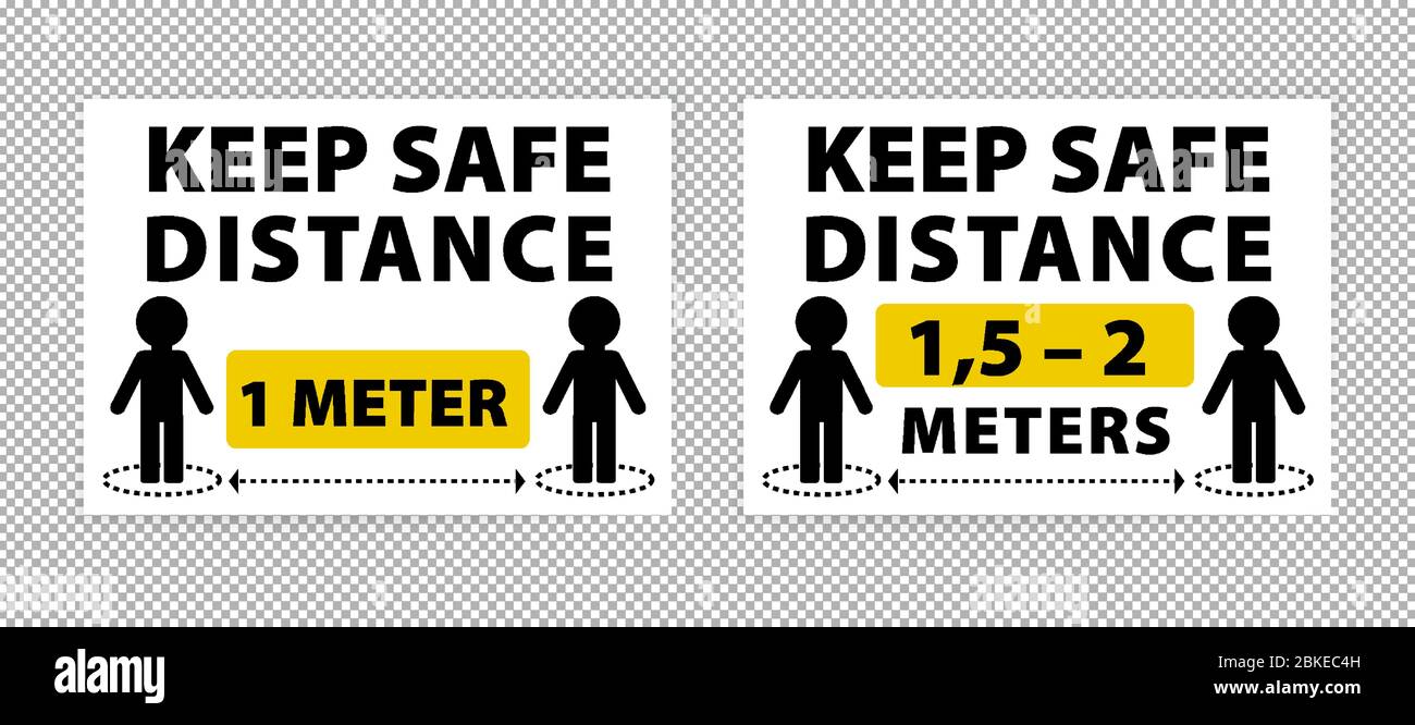 Conserver le signe de distance. Maintenir une distance d'au moins 1 à 2 mètres entre les personnes. Arrêt de la propagation du virus. Panneau d'avertissement d'information sur la quarantaine Illustration de Vecteur