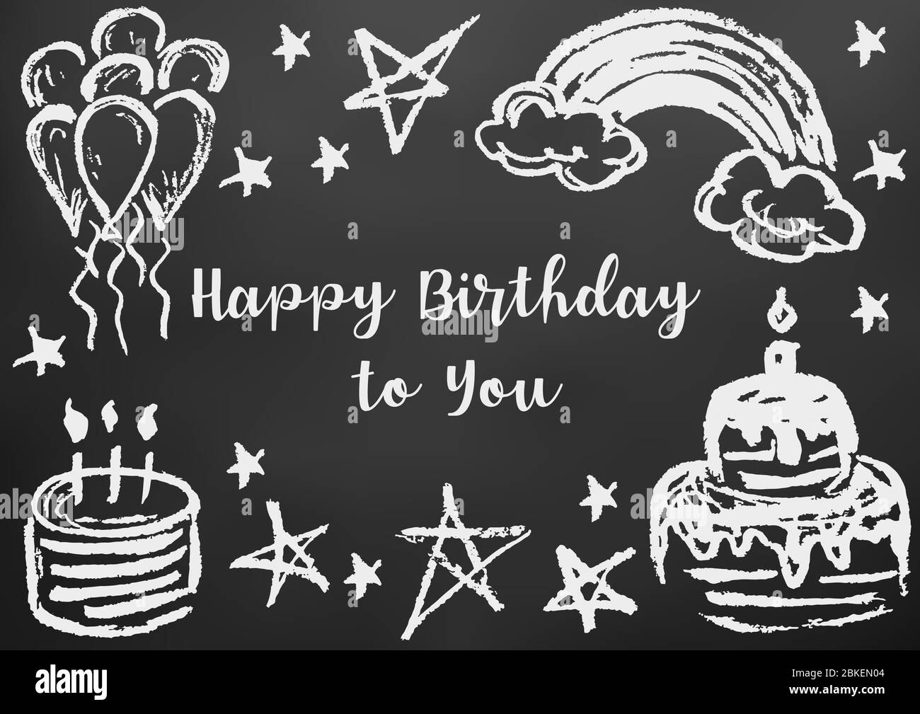 Joyeux Anniversaire A Vous Carte De Vœux Prospectus Banniere Dessiner De La Craie Sur Un Tableau Noir Gateau Bougies Etoiles Boules D Air Arc En Ciel Image Vectorielle Stock Alamy